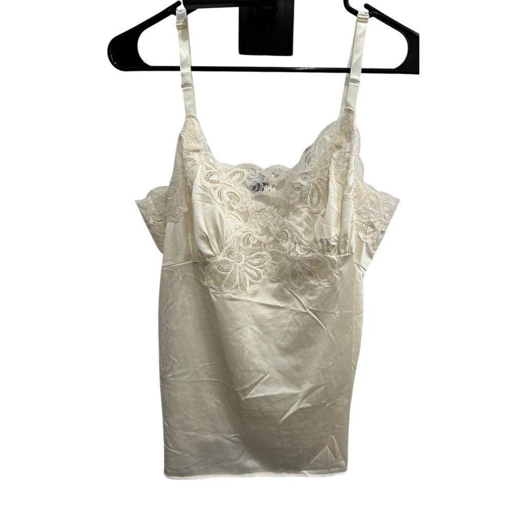 Vintage Shadowline Ivory Lace Trim Nylon Camisole Top Size 36 Y2K Babydoll